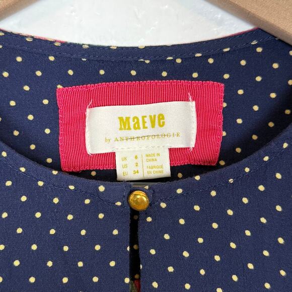Maeve Anthropologie Floral Bird Polka Dot Print Long Sleeve Mini Dress Size 2 - Picture 4 of 4